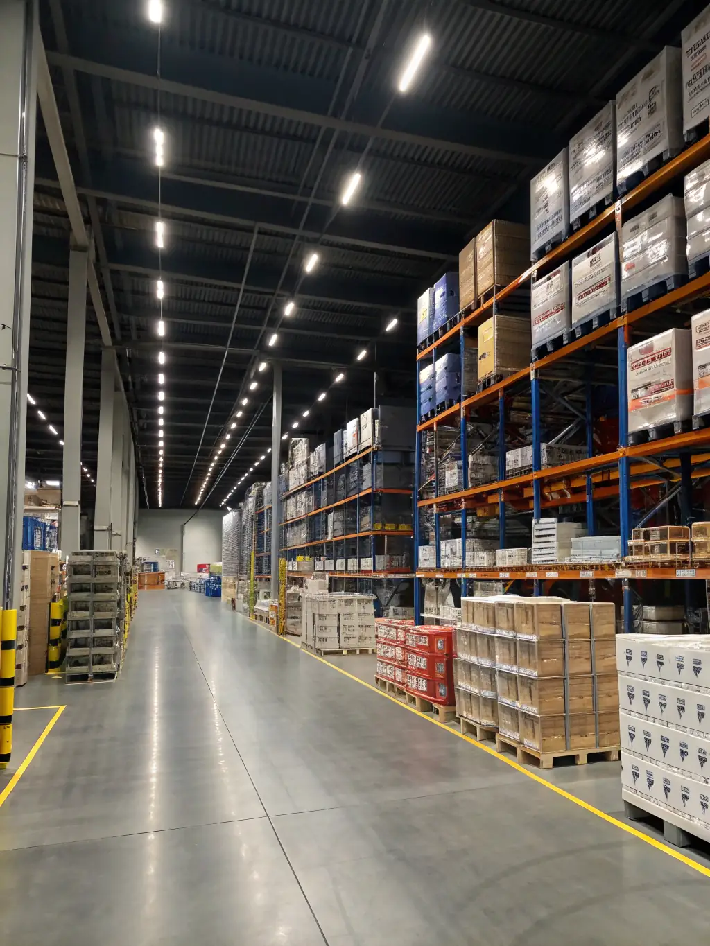 A brightly lit, modern warehouse interior filled with neatly stacked boxes of auto parts, ready for international shipment. Forklifts are moving efficiently, and workers are scanning labels, emphasizing the streamlined logistics.