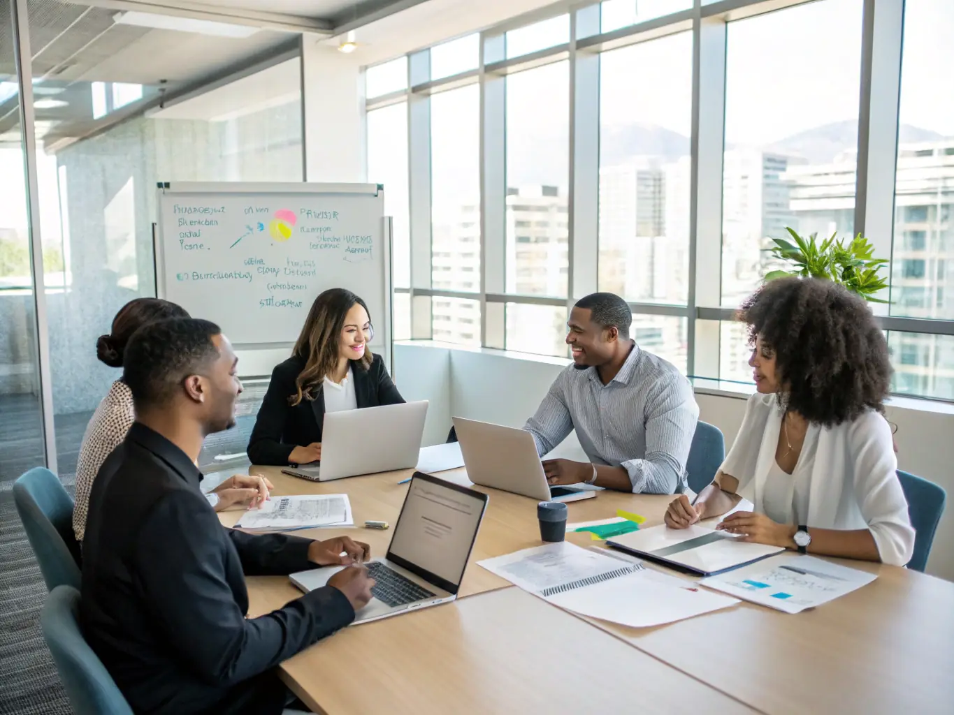 A professional photo showcasing a diverse team of Exwest consultants collaborating in a modern office setting, emphasizing their global network and expertise.