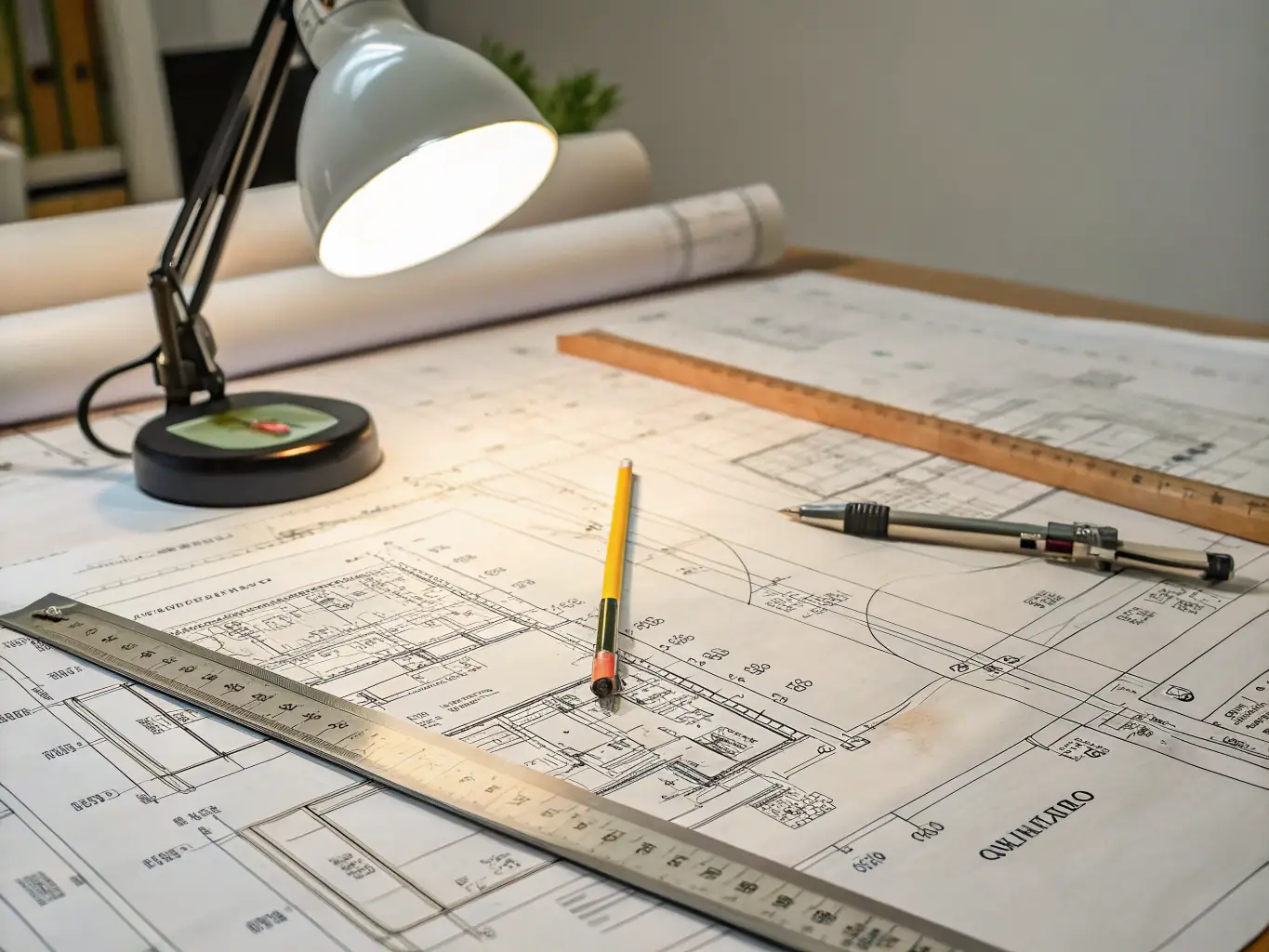 A close-up shot of a blueprint with overlaid icons representing safety, compliance, and brand presence, highlighting the importance of these elements in the construction industry.