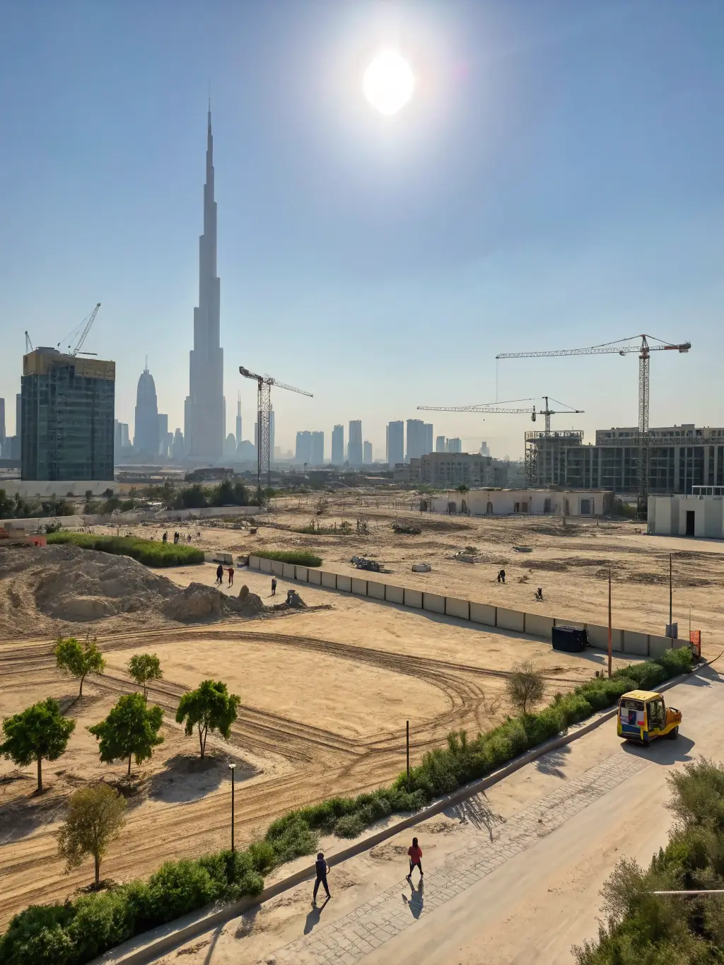 A high-angle, wide shot of a bustling construction site in Dubai, showcasing modern architecture and heavy machinery, emphasizing the scale and ambition of international construction projects.