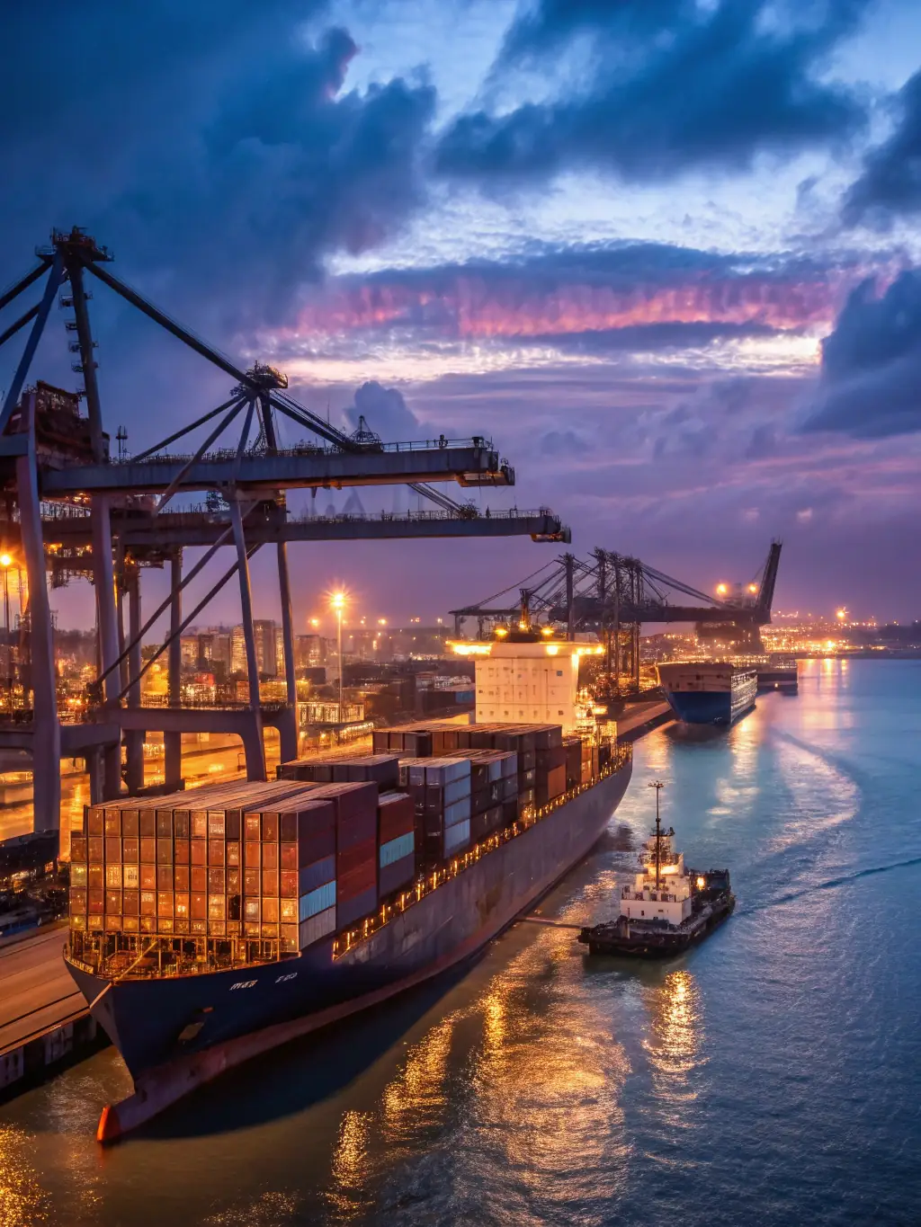 An image depicting a streamlined supply chain, such as a cargo ship efficiently loading goods or a well-organized warehouse operation.