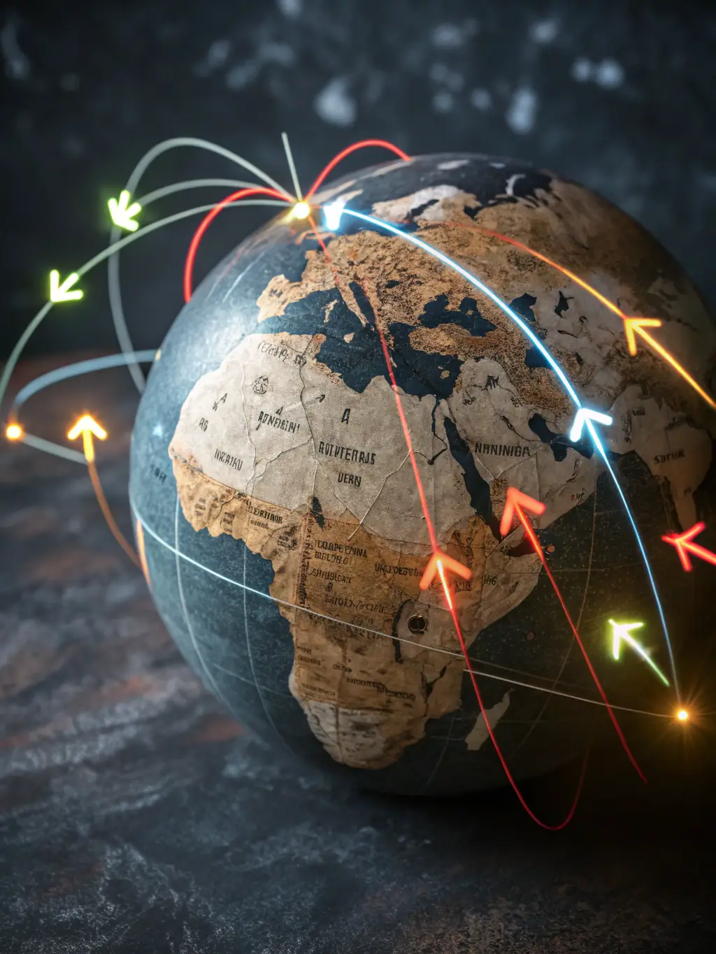 A world map with interconnected lines representing trade routes, emphasizing Exwest's global network and reach in the automotive parts industry.