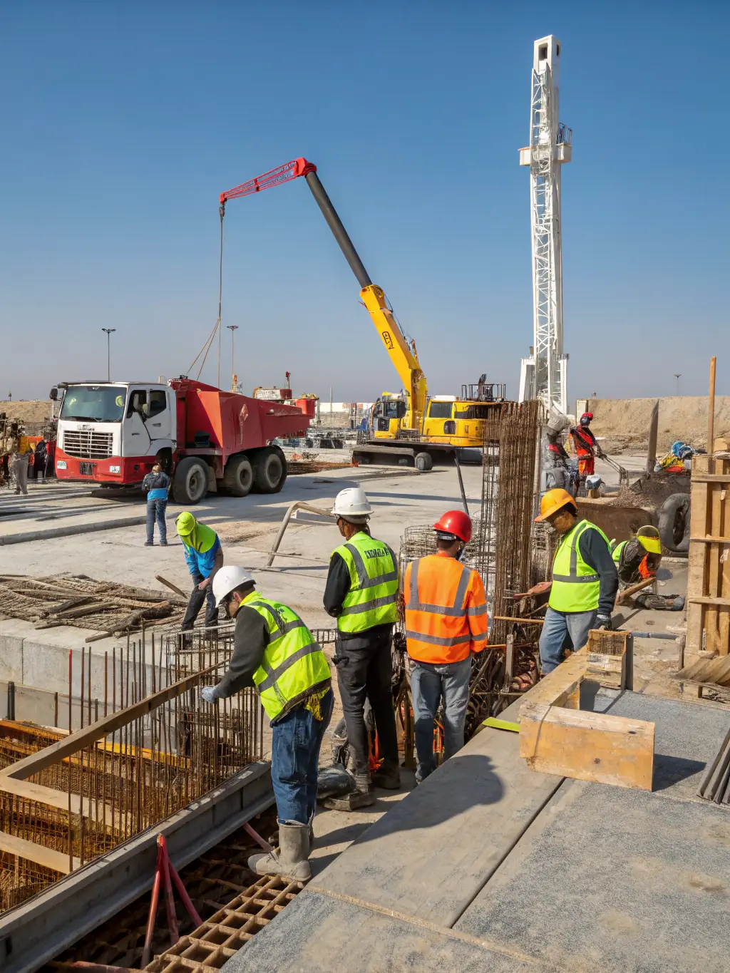 A photograph of a construction site with heavy machinery in operation, illustrating the demanding environment and the need for reliable equipment and parts, to represent Exwest's expertise in the construction sector.