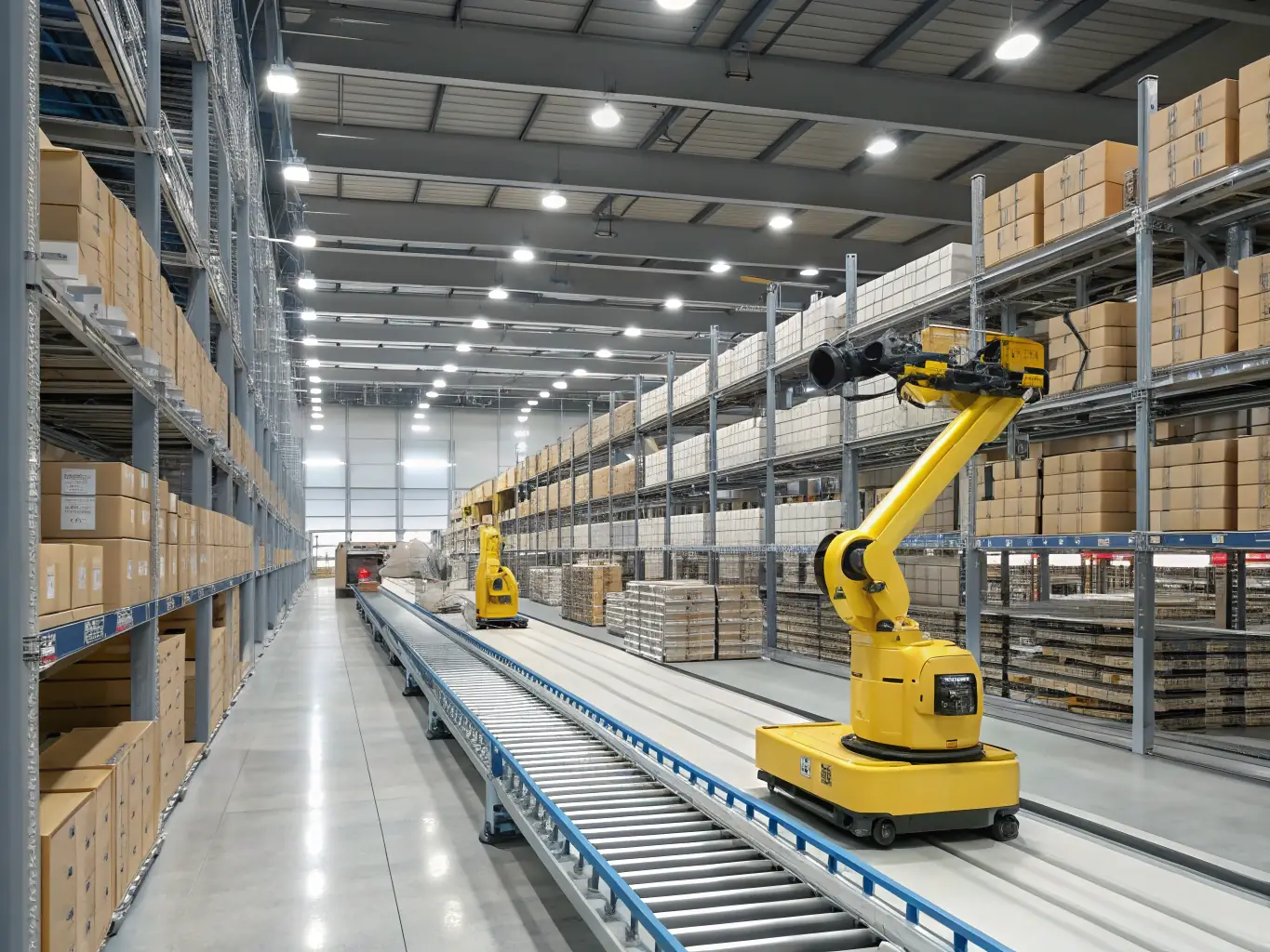 A modern, high-tech warehouse interior with automated systems, showcasing efficient storage and handling of automotive parts, emphasizing Exwest's warehousing capabilities.