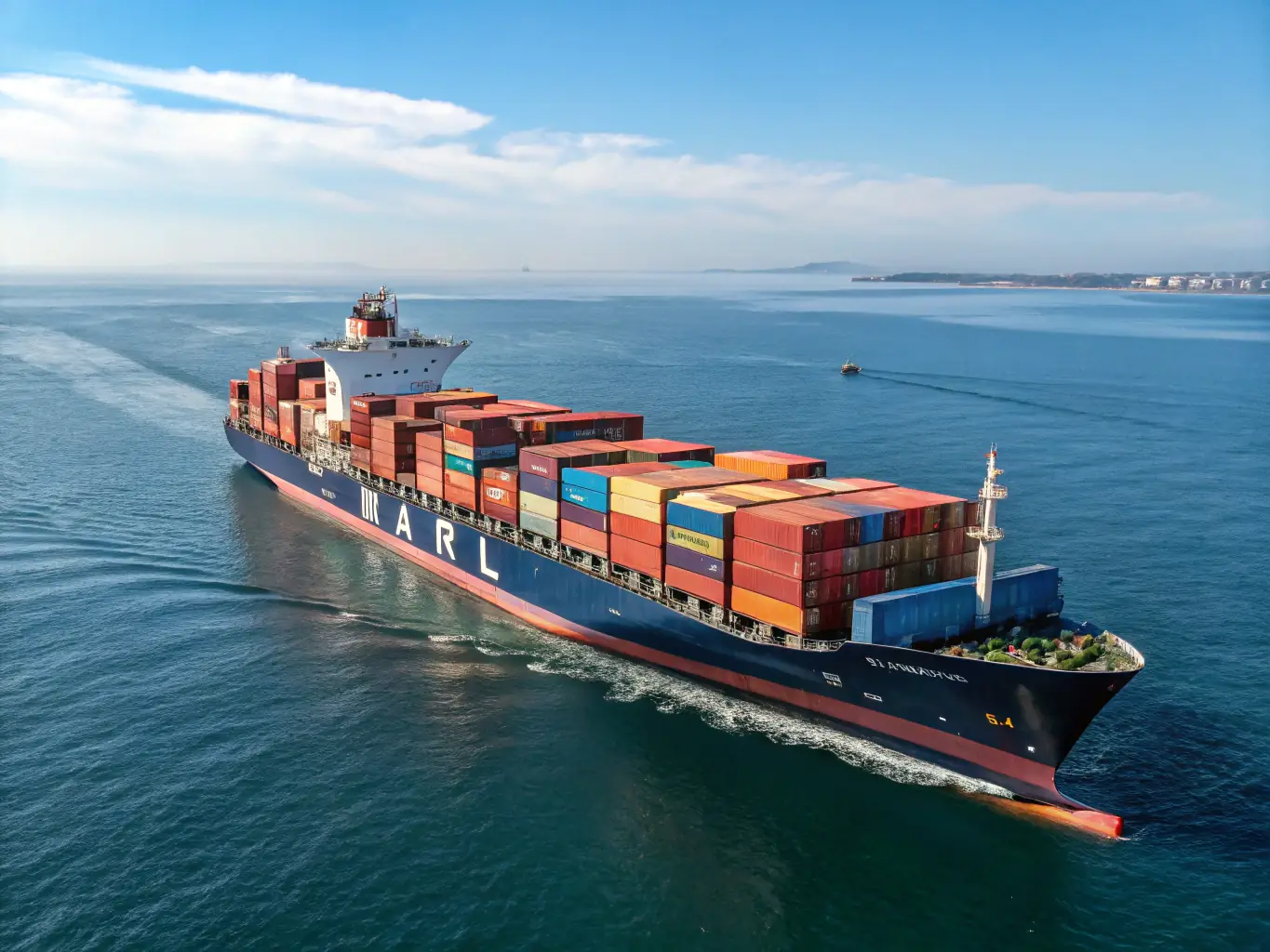 A cargo ship at sea, loaded with containers, symbolizing global transportation and the reach of Exwest's logistics network.