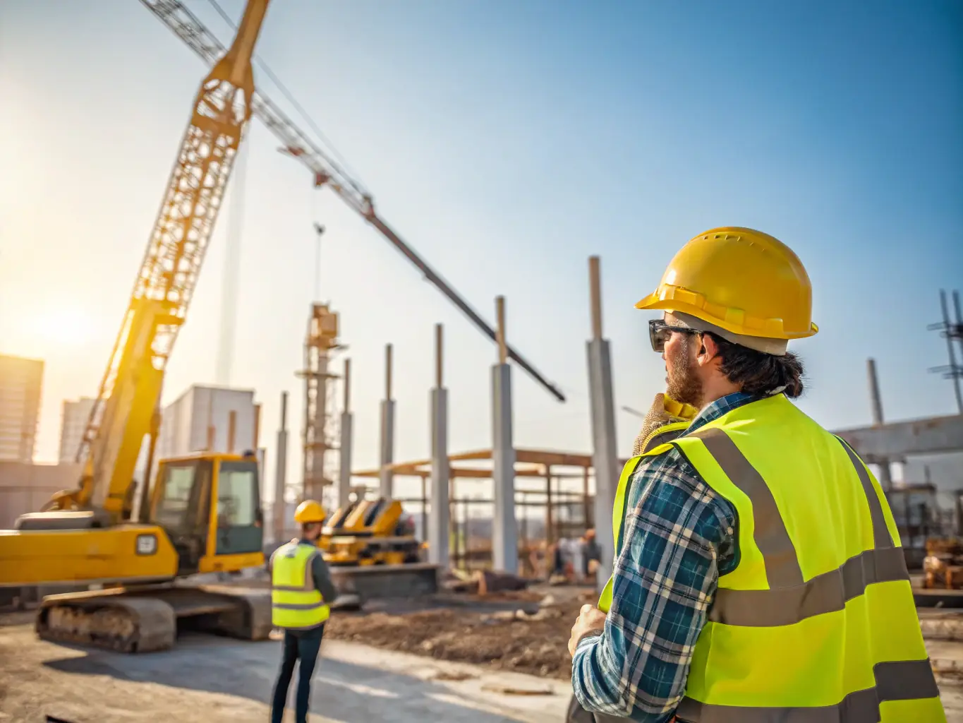 A high-angle shot of a construction site with various heavy machinery operating, set against a backdrop of a bustling international port, symbolizing global trade and construction.