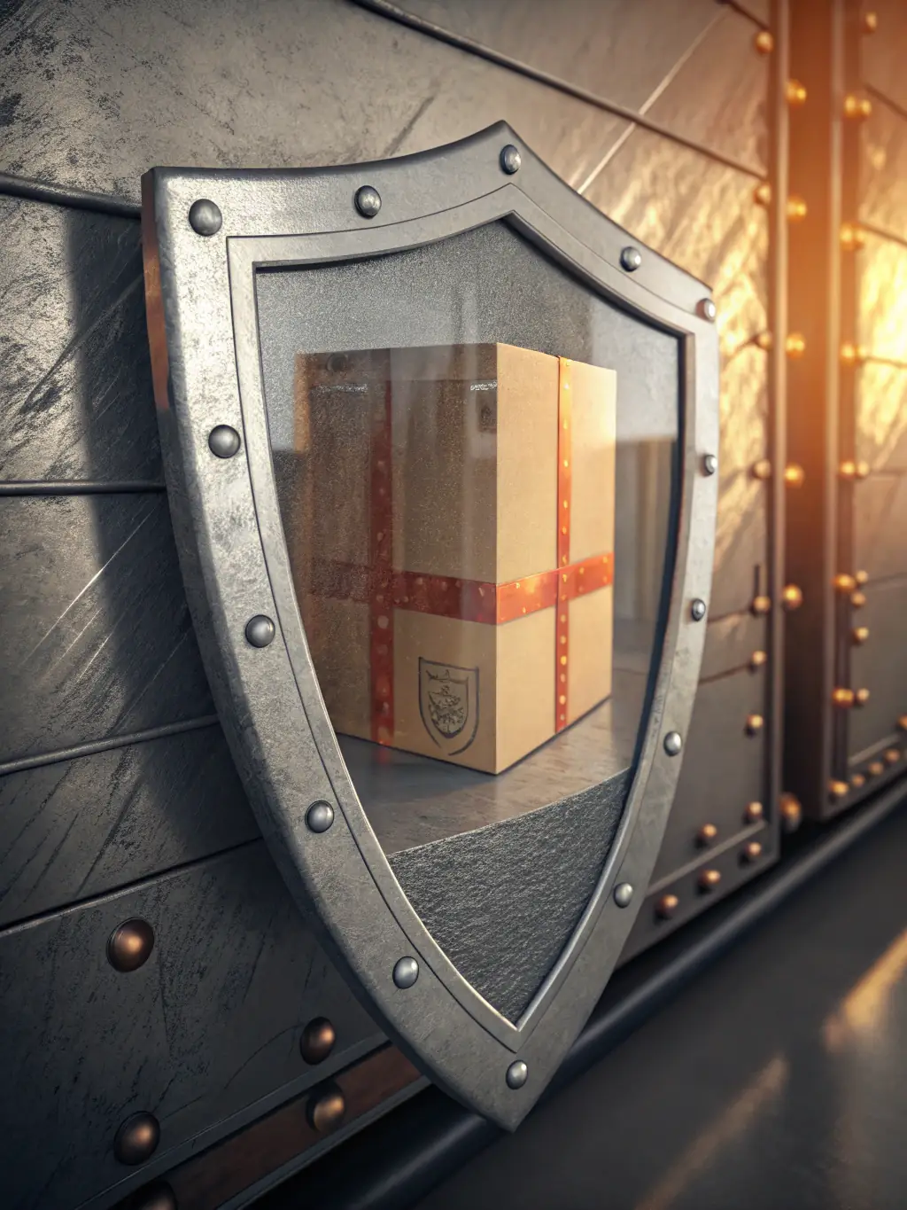 A visual representation of risk management strategies, such as insurance policies and secure packaging, protecting automotive parts during international transit.