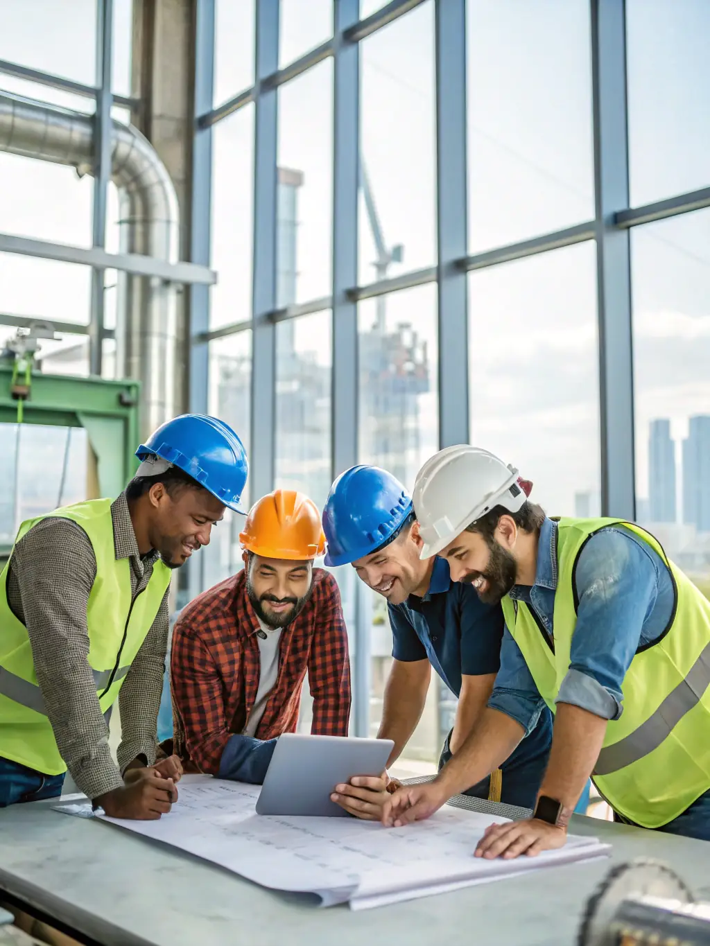 A diverse team of construction professionals from different countries collaborating on a project, using digital tools and wearing branded safety gear, emphasizing teamwork and global reach.