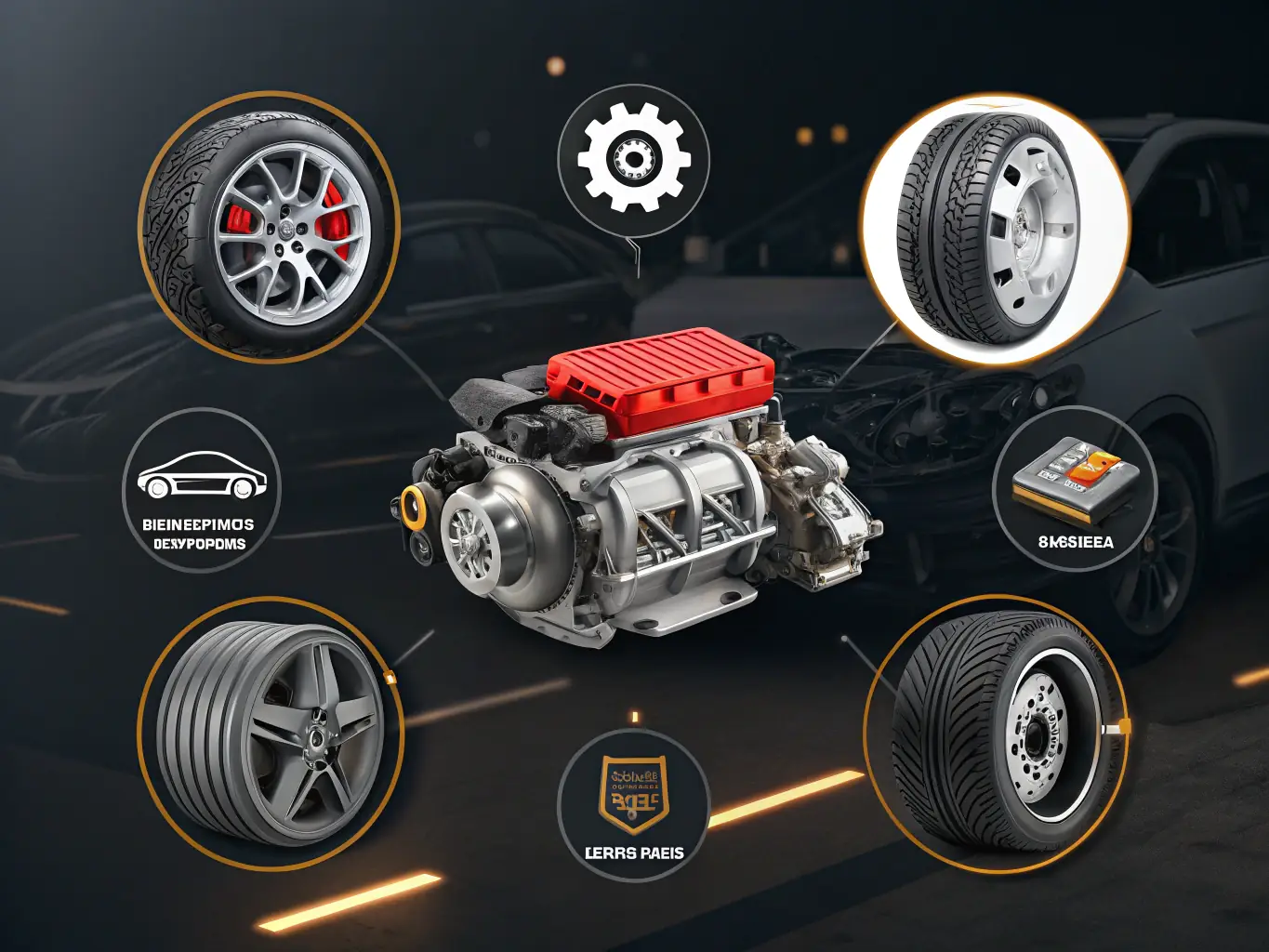 A visually appealing graphic showcasing various automotive parts with the Exwest logo subtly integrated, highlighting their industry-specific branding solutions.
