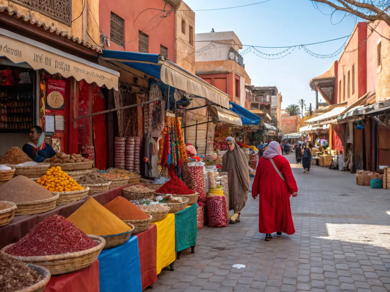 A bustling marketplace in Marrakech, Morocco, showcasing the vibrant local commerce and cultural richness of the region, symbolizing Exwest's expertise in navigating the Moroccan market.