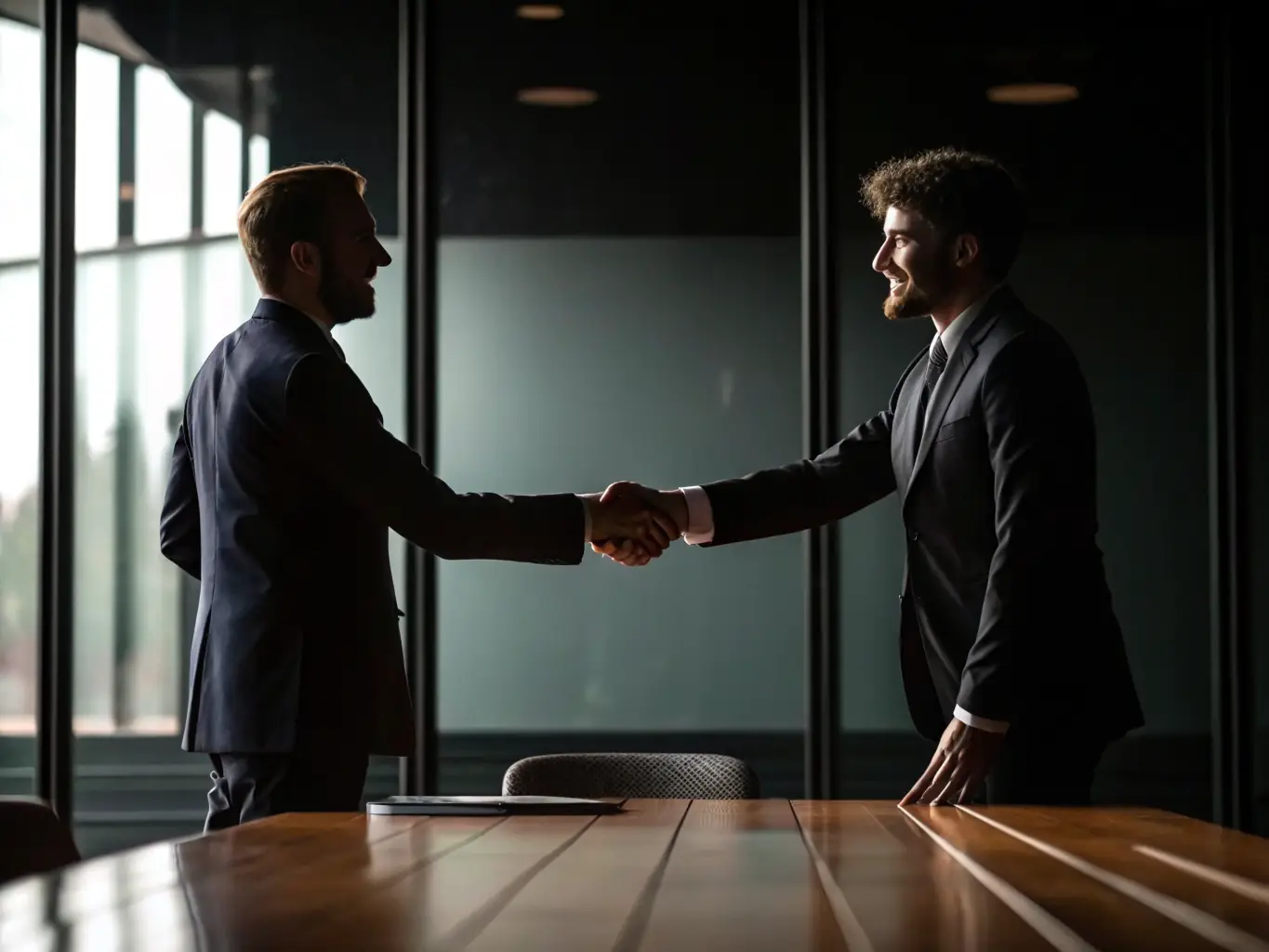 A professional businessman in a suit shaking hands with a businesswoman in a modern office setting, symbolizing international trade consulting and partnership.