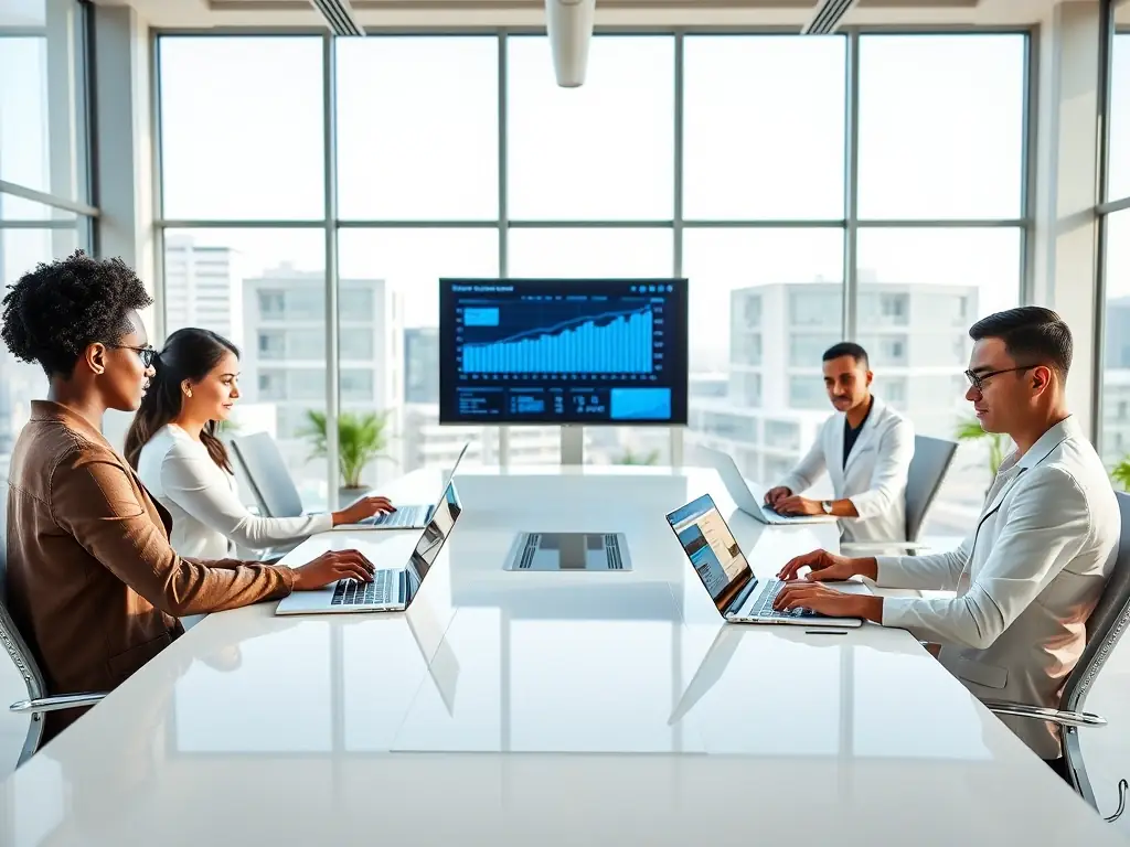 A professional photo showcasing a diverse team of Exwest consultants collaborating in a modern office setting, emphasizing their global network and expertise.