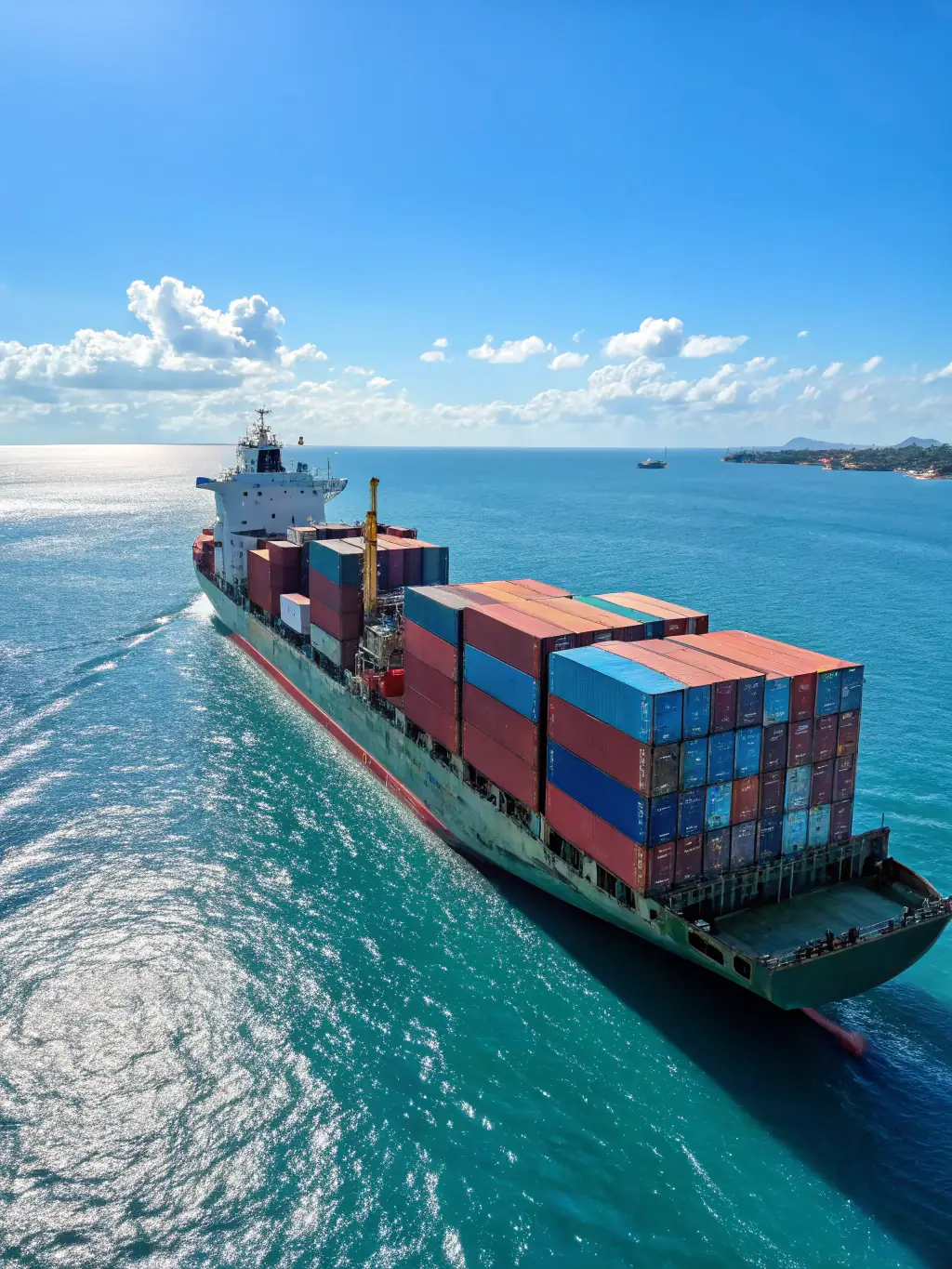 A modern cargo ship sailing under a clear blue sky, containers stacked neatly, symbolizing efficient global trade operations for Exwest.