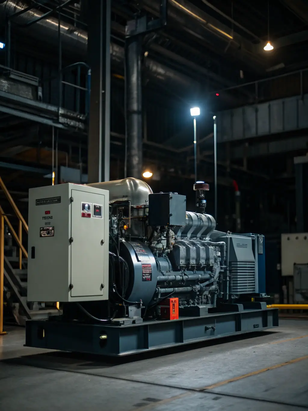 A photograph of a large industrial generator powering a facility, highlighting its importance for continuous operation and the need for reliable maintenance and parts, to represent Exwest's expertise in the industrial generators sector.