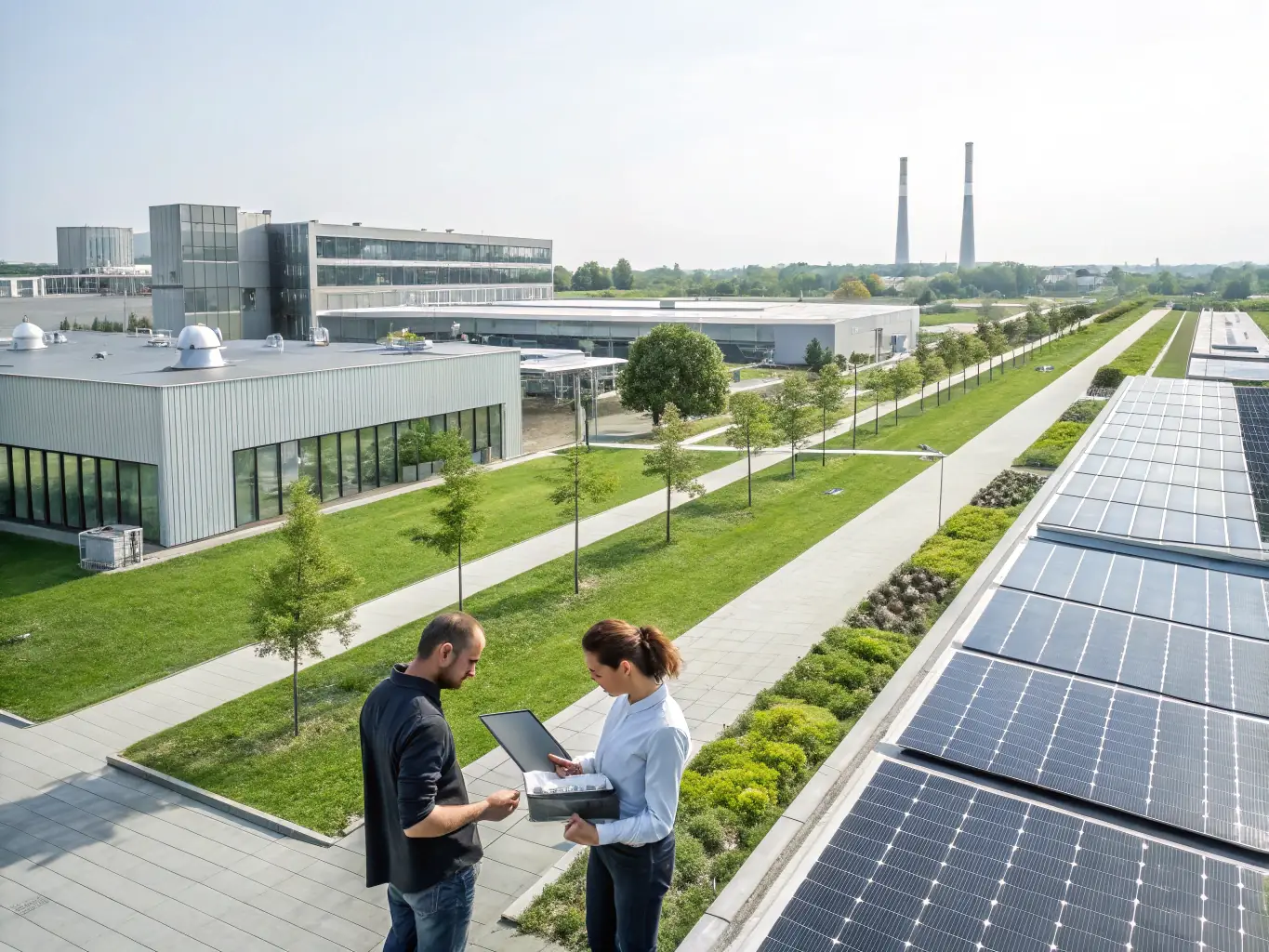 A modern industrial park in Germany, with automotive manufacturing facilities, representing Exwest's strong presence and expertise in the German automotive parts distribution market.