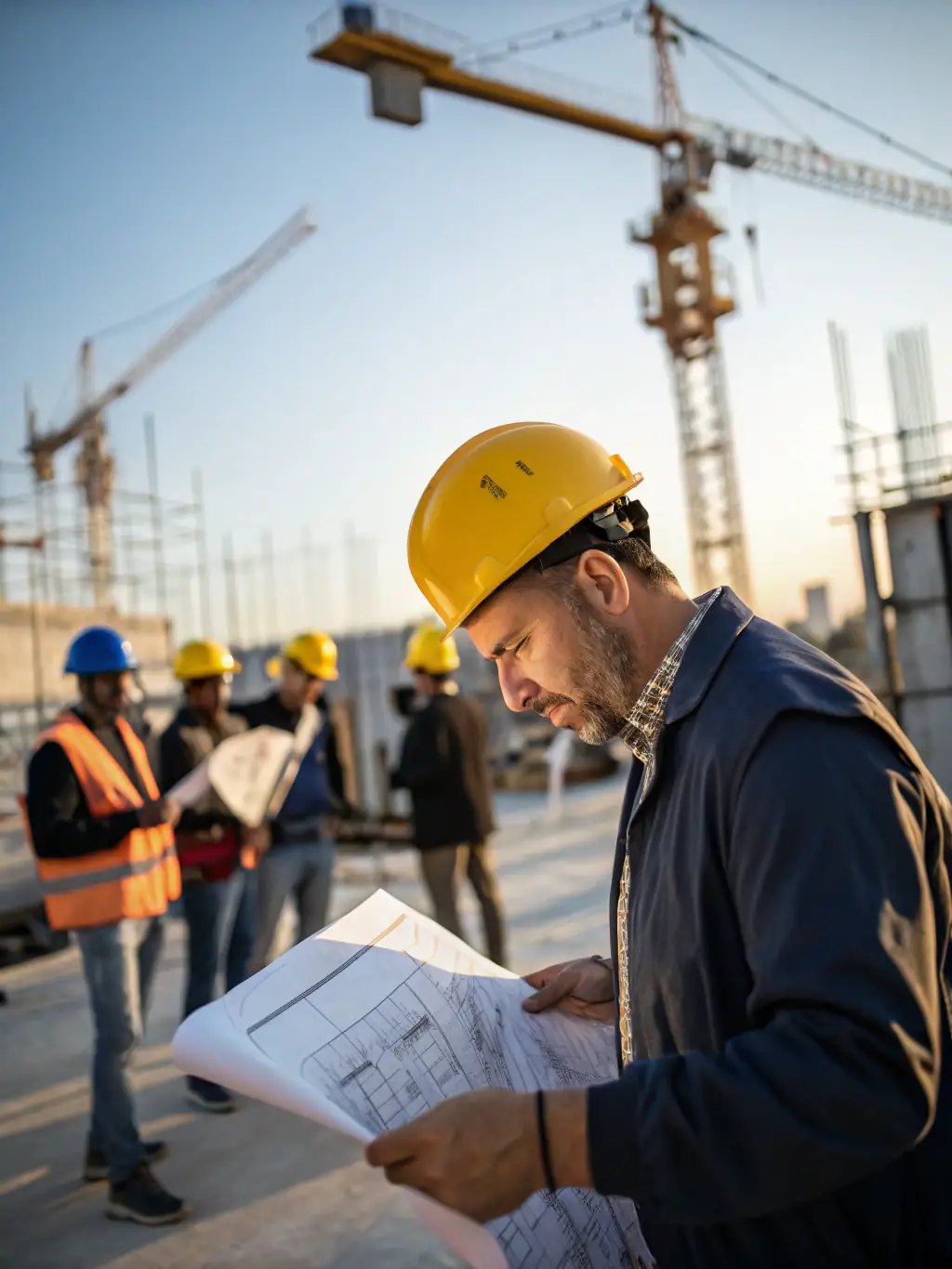 A close-up shot of a construction worker wearing a hard hat and safety glasses, inspecting a blueprint on a construction site in Germany, highlighting the importance of safety and precision in construction.