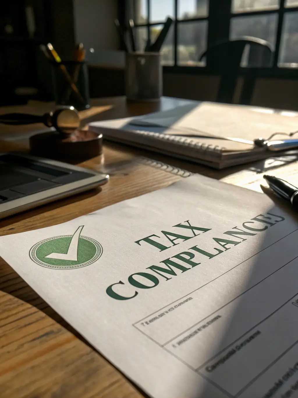 A split image showing, on one side, a complex regulatory document with stamps and seals, and on the other side, a confident Exwest compliance officer reviewing the document.
