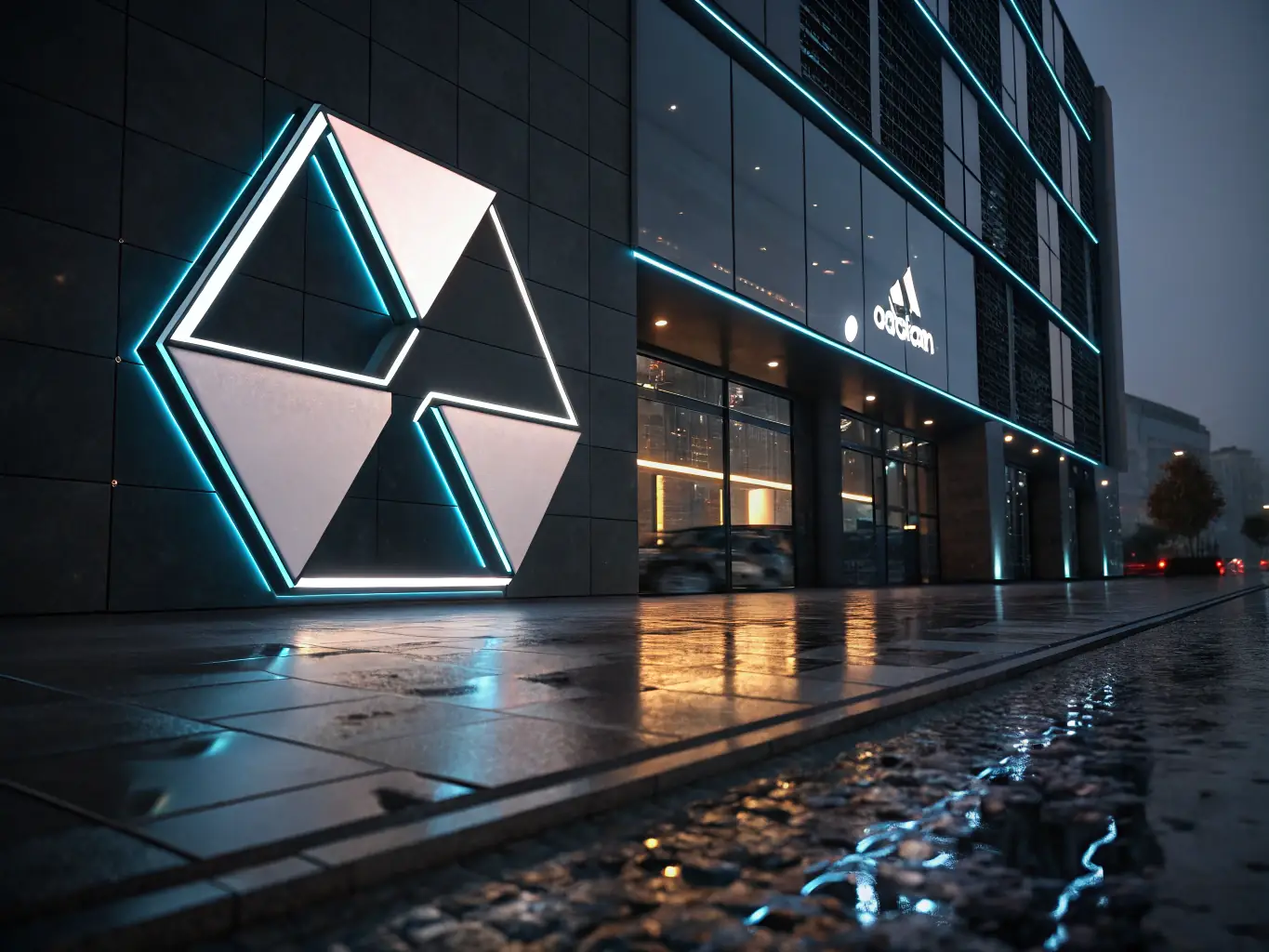 A digitally enhanced image showcasing a strong, modern brand logo integrated into a construction site, emphasizing durability, innovation, and reliability.